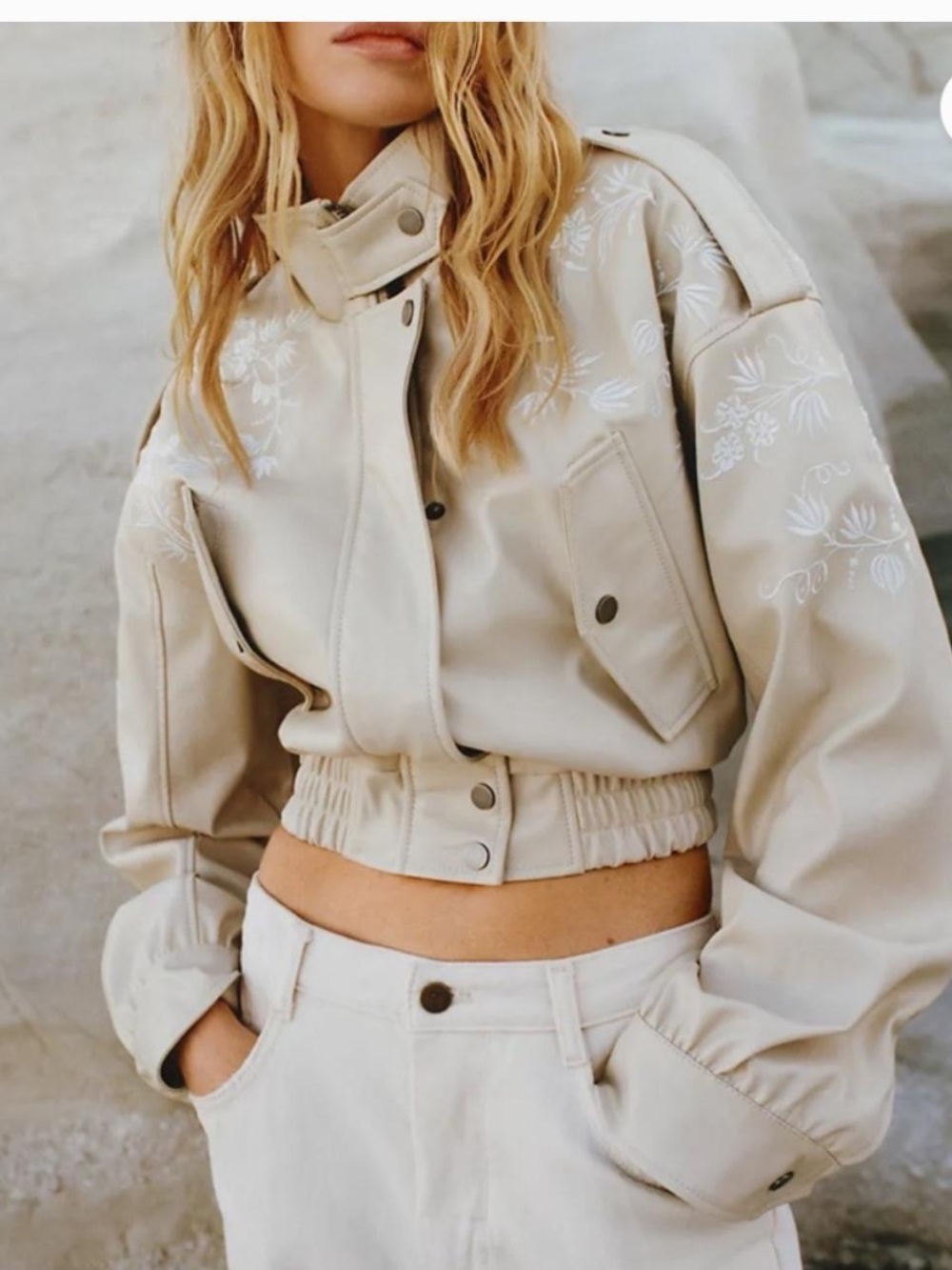 Anthropologie Beige Cropped Embroidered Bomber Jacket